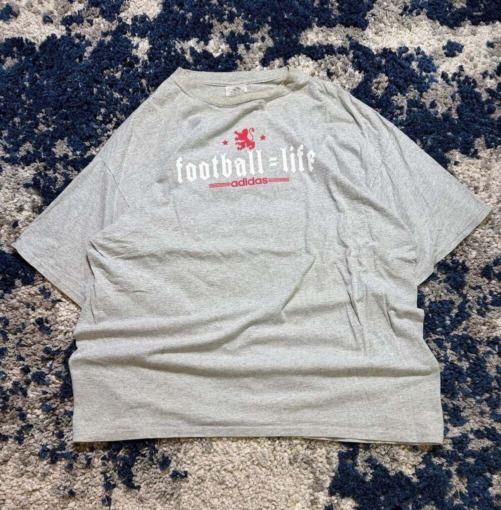 Vintage Adidas 'Football=Life' Grey Crew Neck T-Shirt
